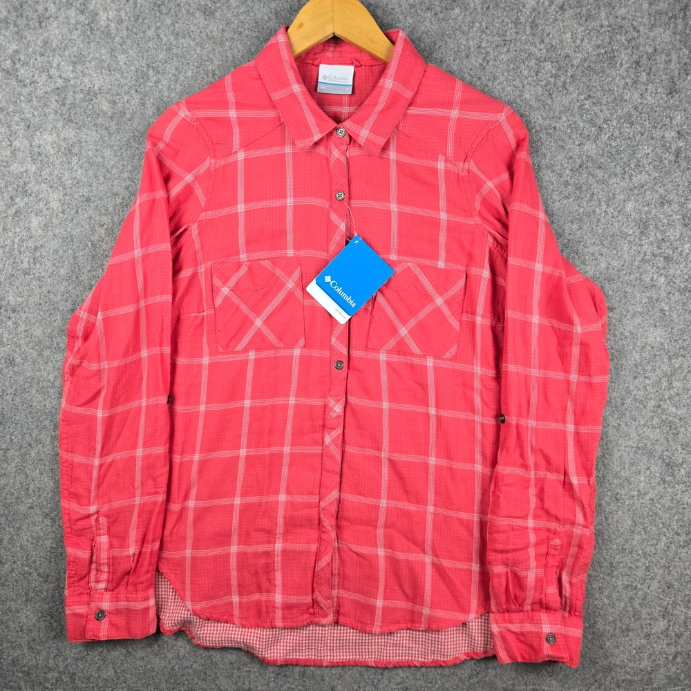 Columbia Trail On Long Sleeve Shirt Womens Small Pink Plaid Hiking Outdoor New